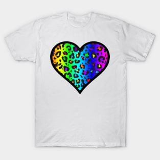 Dark Rainbow Leopard Print Heart T-Shirt
